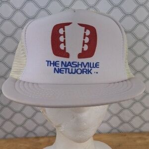 Vintage 80s Nashville Network mesh trucker snapback white & red spellout hat